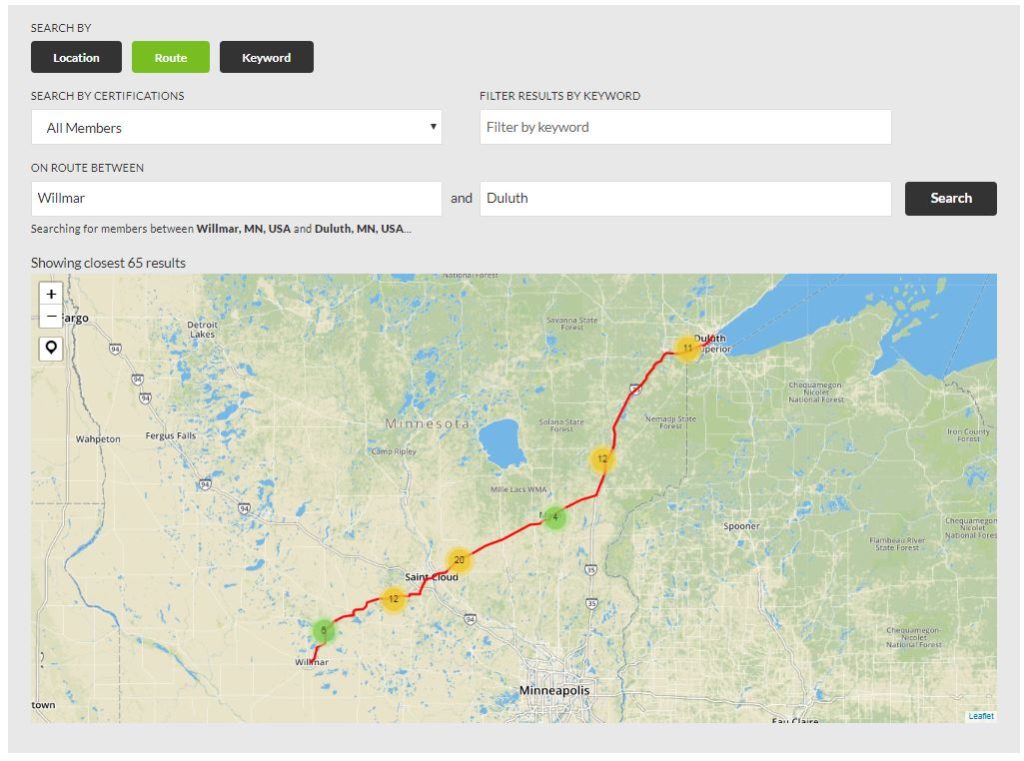 Route mapping feature in Minnesota Grown website
