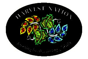 Harvest Nation logo. Black with plant leaves intertwined and the phrase farming locally, caring globally