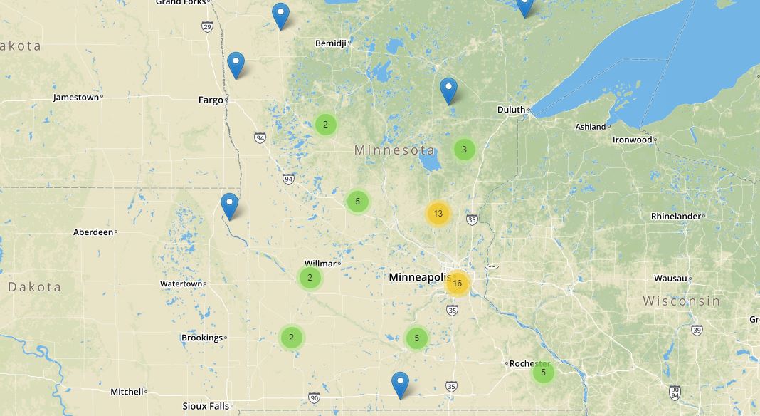map showing locations of pork producers in minnesota