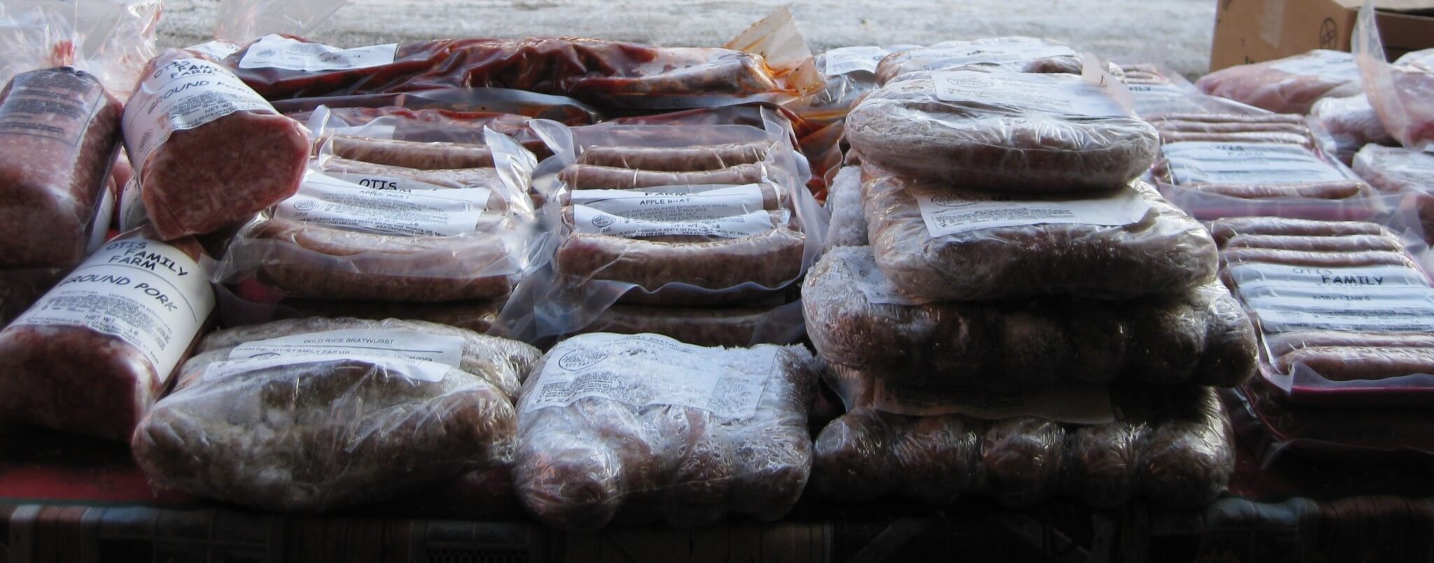 Frozen, processed pork in a freezer