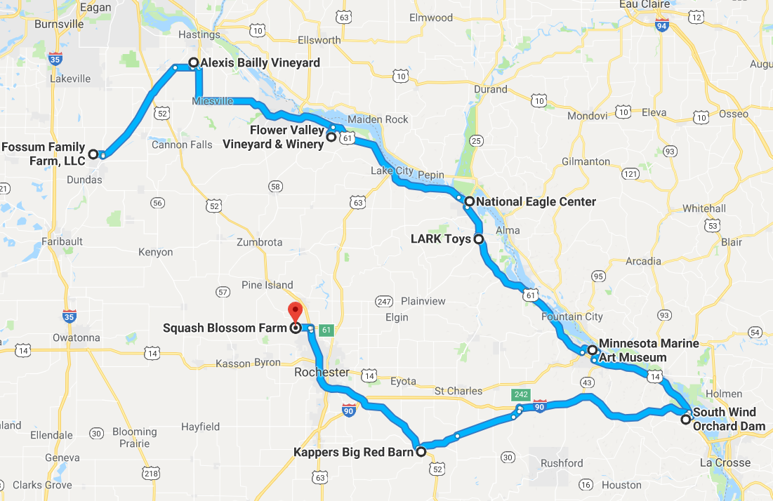map of the southeastern Minnesota with roadtrip route