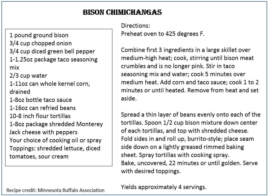 Bison Chimichanga recipe. Ingredients are: 1 pound ground bison 3/4 cup chopped onion 3/4 cup diced green bell pepper 1-1.25oz package taco seasoning mix 2/3 cup water 1-11oz can whole kernel corn, drained 1-8oz bottle taco sauce 1-16oz can refried beans 10-8 inch flour tortillas 1-8oz package shredded Monterey Jack cheese with peppers Your choice of cooking oil or spray Toppings: shredded lettuce, diced tomatoes, sour cream. Directions are:Directions: Preheat oven to 425 degrees F. Combine first 3 ingredients in a large skillet over medium-high heat; cook, stirring until bison meat crumbles and is no longer pink. Stir in taco seasoning mix and water; cook 5 minutes over medium heat. Add corn and taco sauce; cook 1 to 2 minutes or until heated. Remove from heat and set aside. Spread a thin layer of beans evenly onto each of the tortillas. Spoon 1/2 cup bison mixture down center of each tortillas, and top with shredded cheese. Fold sides in and roll up, burrito-style; place seam side down on a lightly greased rimmed baking sheet. Spray tortillas with cooking spray. Bake, uncovered, 22 minutes or until golden. Serve with desired toppings. Yields approximately 4 servings.