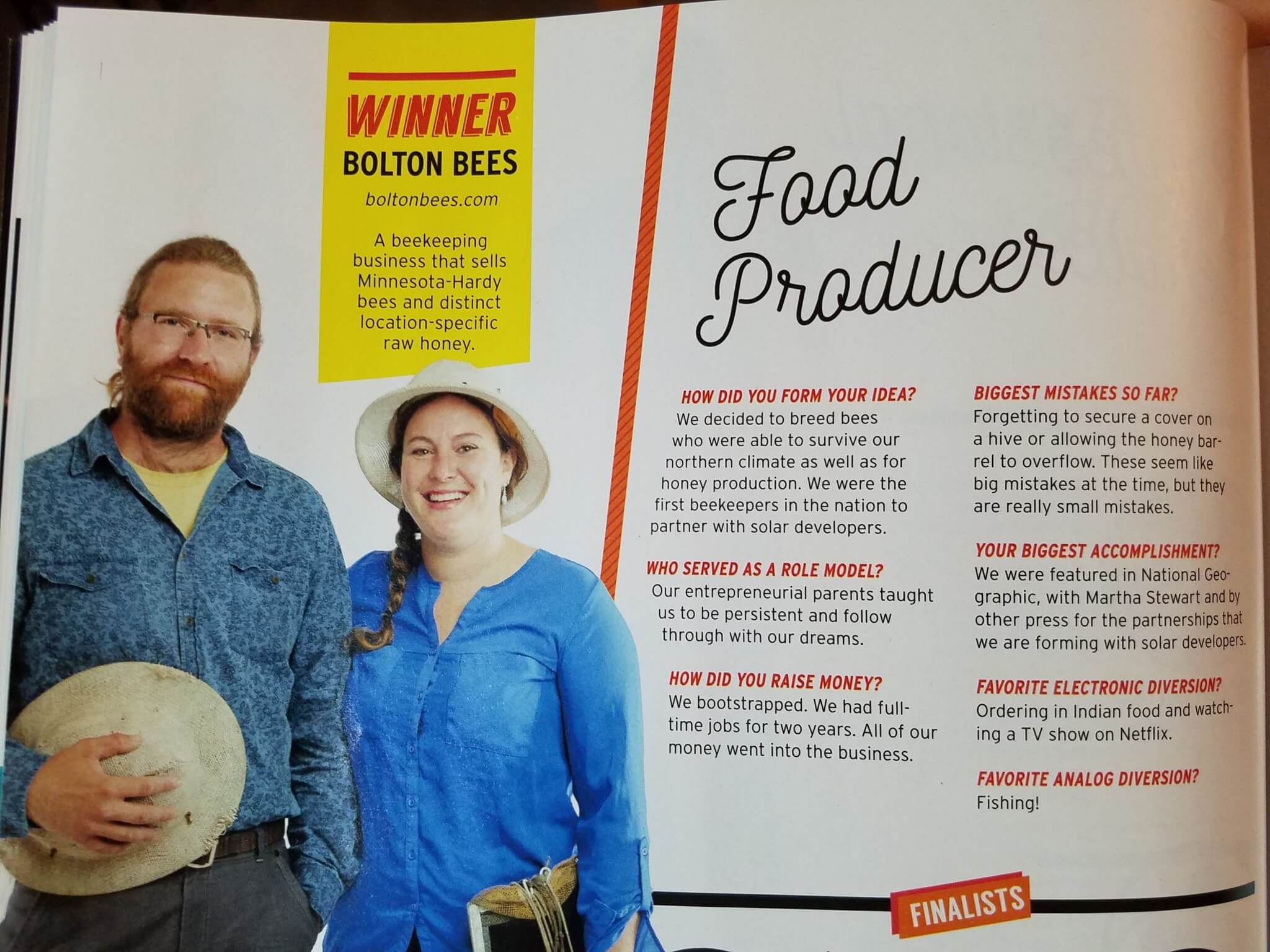 bolton bees won Food Producer 2017 in Minnesota Business Magazine
