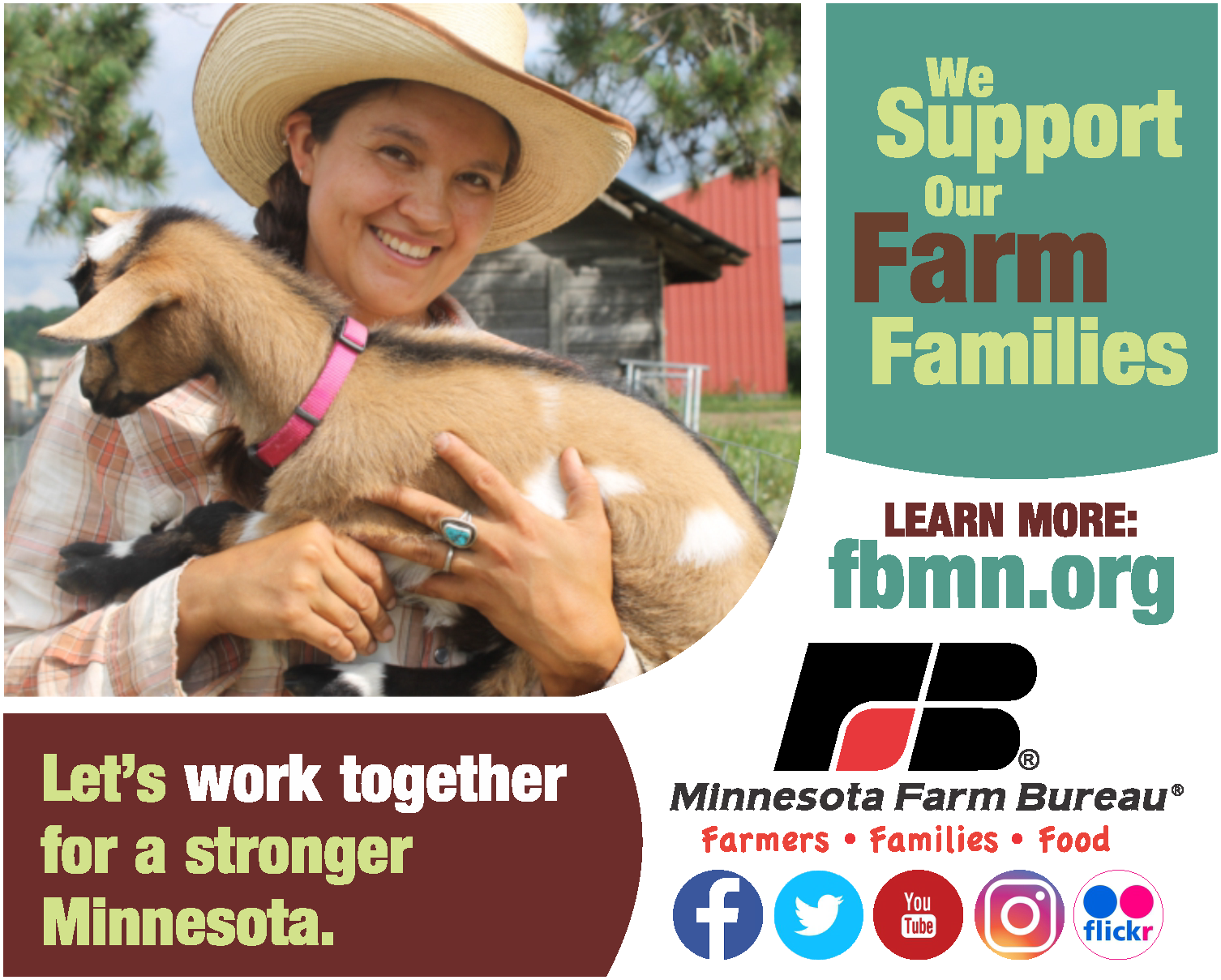 Image of girl holding a goat. Text says We support our farm families and let