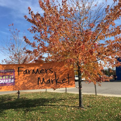 Virginia Market Square Sign beside a orange tree in the fall.