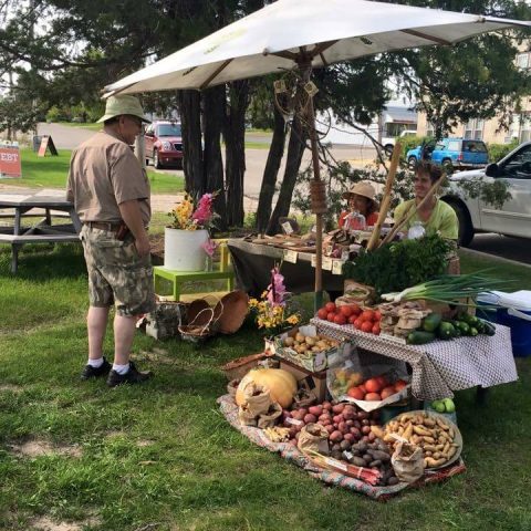 Potatoes. tomatoes, cucumbers, onions, and other greens at a vendor's table.