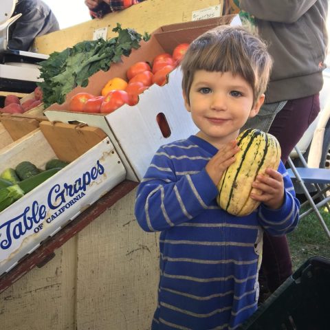 Child holding squash at a market