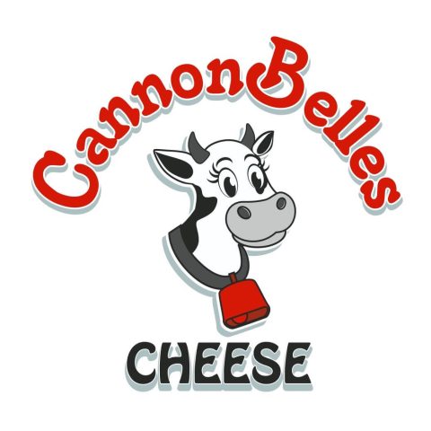 CannonBelles Logo is a cartoon dairy cow with a red belle