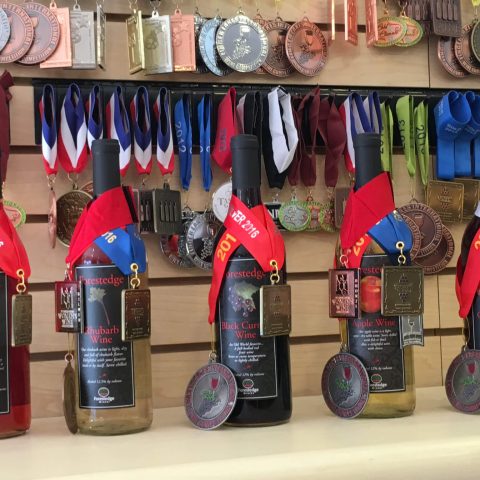 Forestedge Winery wine bottles with awards ribbons. Rhubarb/raspberry blend, Rhubarb wine, Black currant wine, apple wine and cassis/pommegranate wine.