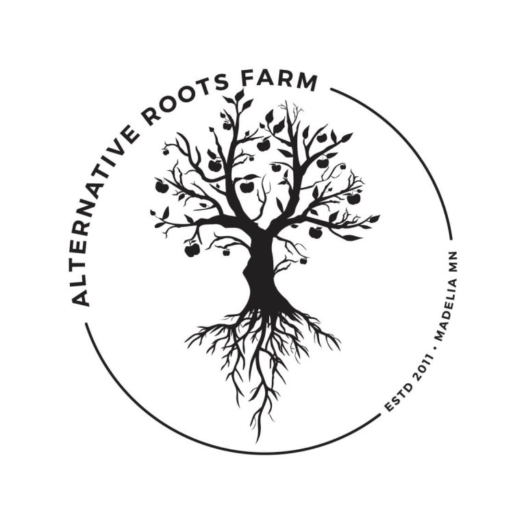 Black and white logo of an apple tree with roots going down