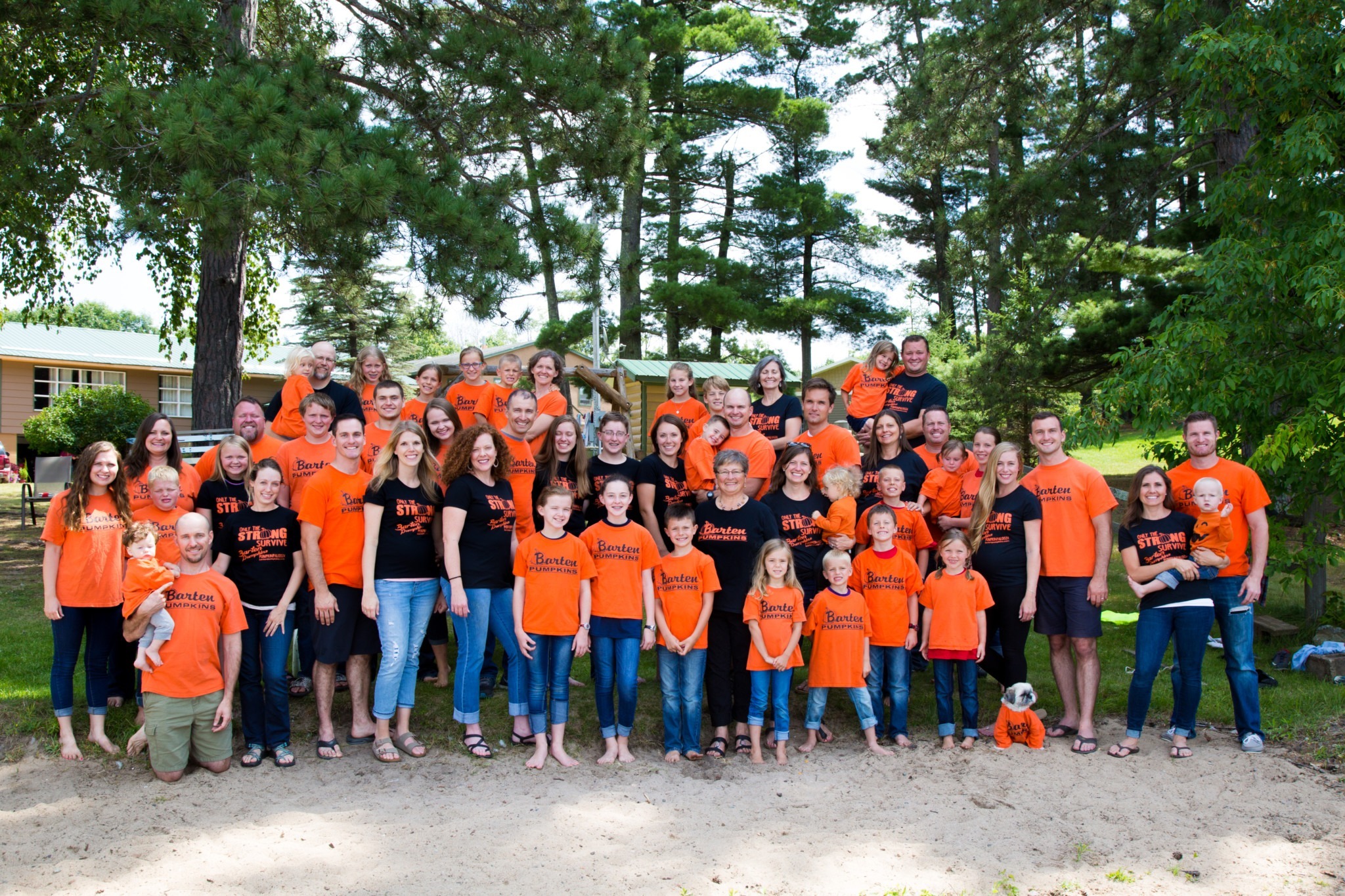 Whole group of employees in orange or black shirts