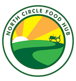 logo, circle with sunrise, dark green path leading to a tractor