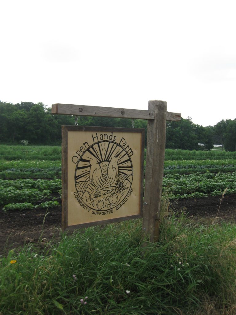 The sign to Open Hands Farm is wooden with their logo and it is near the field of growing vegetables