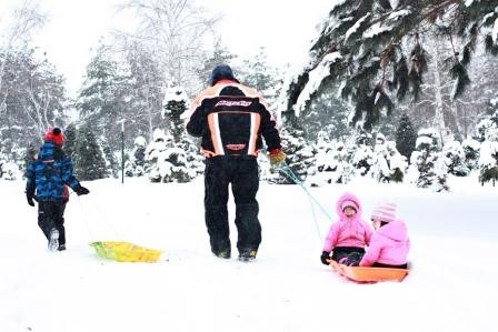 family walking to cut a christmas tree through the snow