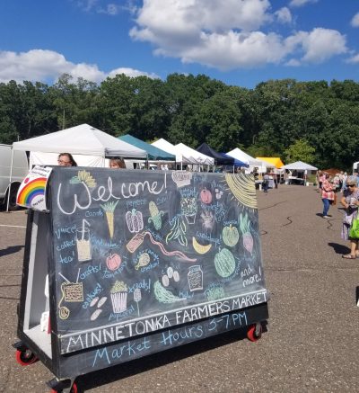 Large Chalkboard with Vegetable Drawings and Welcome to the MInnetonka Farmers Market