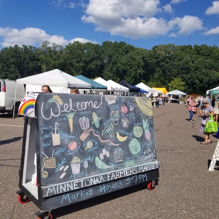 Large Chalkboard with Vegetable Drawings and Welcome to the MInnetonka Farmers Market