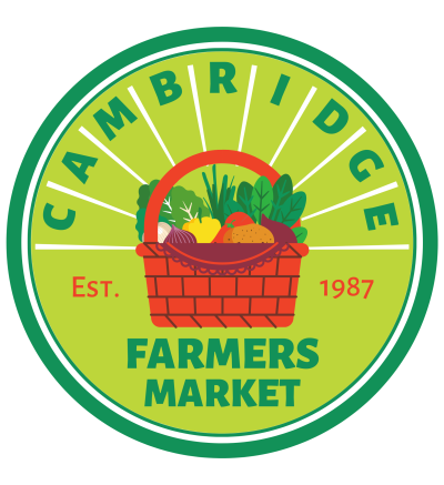 Logo - text reads "Cambridge Market, Est. 1987", on green background with a colorful graphic of fresh veggies in a basket in the center.