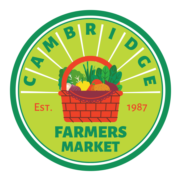 Logo - text reads "Cambridge Market, Est. 1987", on green background with a colorful graphic of fresh veggies in a basket in the center.