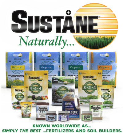 bags of Sustane fertilizers, compost, and other gardening soil supplies