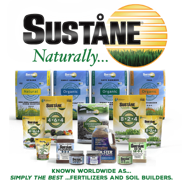 bags of Sustane fertilizers, compost, and other gardening soil supplies