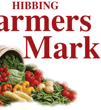 Hibbing Farmers' Market logo featuring a basket with produce spilling out of it and big text that says "Hibbing Farmers' Market"