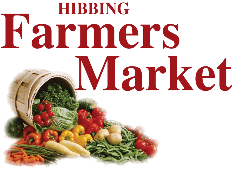 Hibbing Farmers' Market logo featuring a basket with produce spilling out of it and big text that says "Hibbing Farmers' Market"