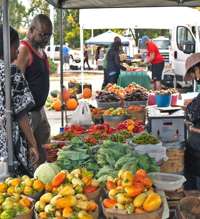 Farmers market stands filled with baskets of produce. Two people stand by the stands and are purchasing from someone behind the stand.