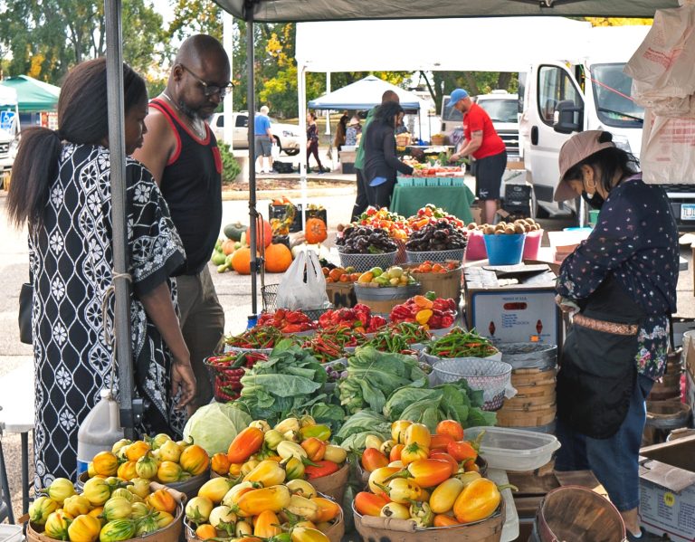 Farmers market stands filled with baskets of produce. Two people stand by the stands and are purchasing from someone behind the stand.