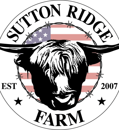 Logo that has the words "Sutton Ridge Farm Est. 2007" in a circle. Inside the circle is a drawing of a longhorn cow and an American flag in the background.