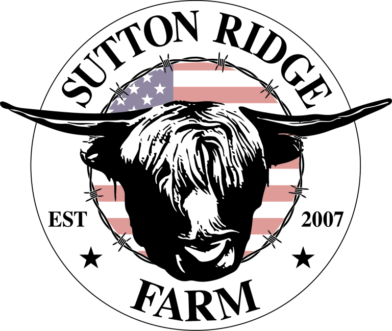 Logo that has the words "Sutton Ridge Farm Est. 2007" in a circle. Inside the circle is a drawing of a longhorn cow and an American flag in the background.