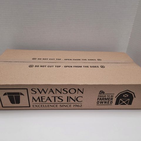 Cardboard box that says "Swanson Meats Inc" on the side of the box.