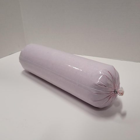 Packaged raw meat in a white, opaque tube.