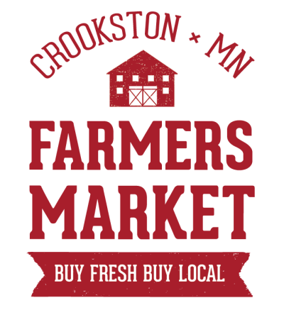 Logo that says "Crookston MN Farmers Market Buy Fresh Buy Local" in red text. There is a drawing of a red barn above the words "Farmers Market"