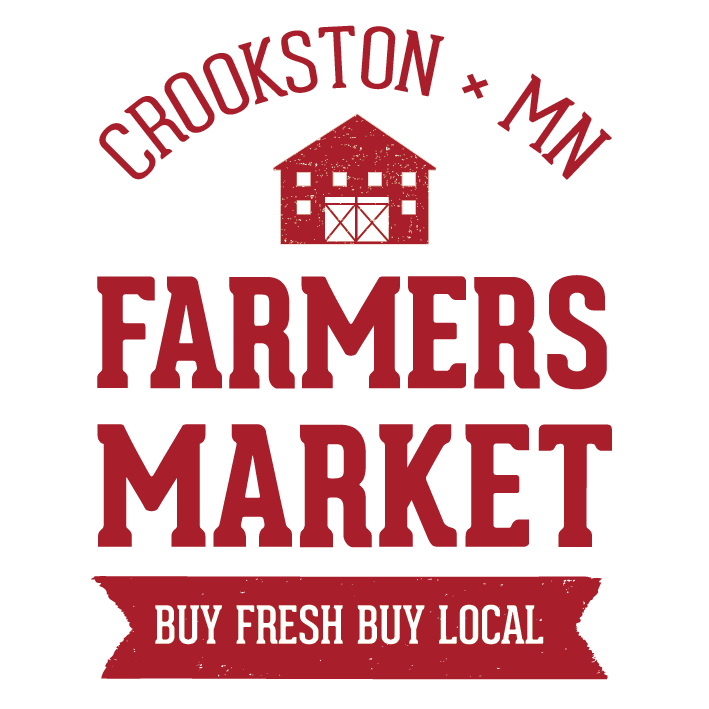 Logo that says "Crookston MN Farmers Market Buy Fresh Buy Local" in red text. There is a drawing of a red barn above the words "Farmers Market"