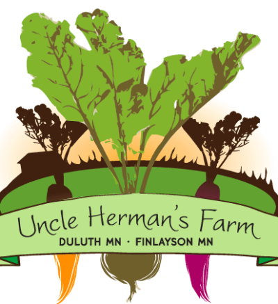 Logo that has a drawing of carrots and beets growing in a field with the words "Uncle Herman's Farm Duluth, MN Finlayson, MN" below it