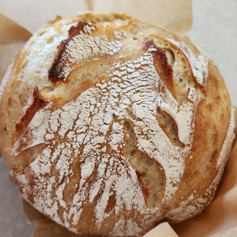 Shot of freshly baked bread with thick crust.