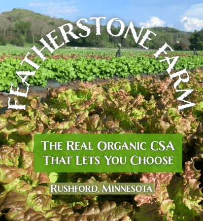 Logo featuring the words "Featherstone Farm, the real organic CSA that lets you choose, Rushford, Minnesota". Behind the words are green fields with rows of fresh greens.