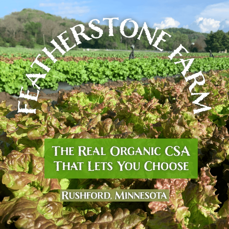 Logo featuring the words "Featherstone Farm, the real organic CSA that lets you choose, Rushford, Minnesota". Behind the words are green fields with rows of fresh greens.