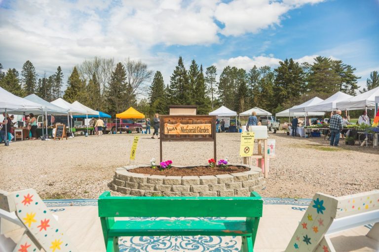 A wide shot showing the market tents at a farmers market in Grand Rapids Minnesota.