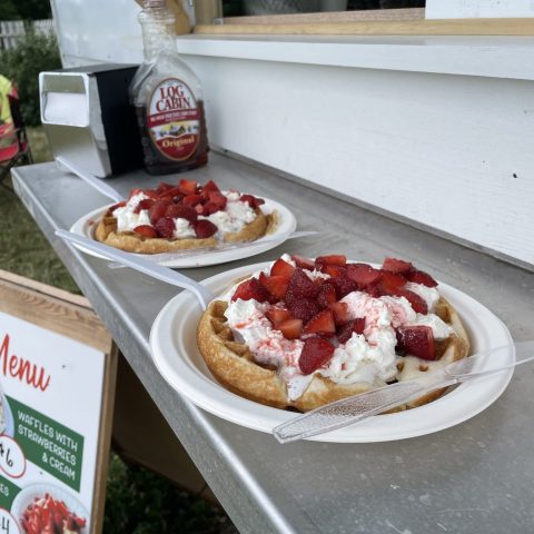 A picture of two plates filled with waffles topped with whip cream and fresh strawberries.