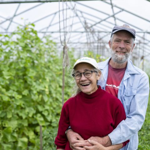 a couple smiles and hugs in a high tunnel surrounded by green