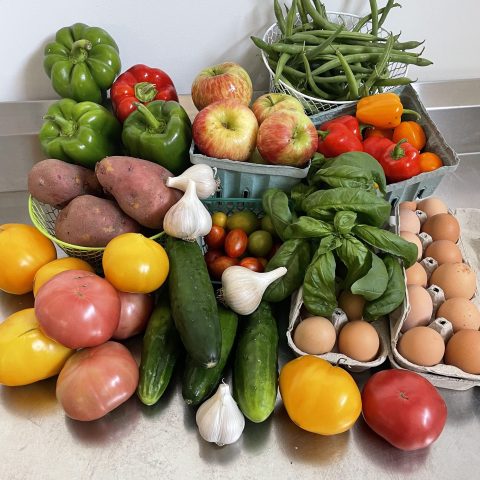 csa share tomato cucumber garlic eggs basil herbs potato green pepper apple pepper beans