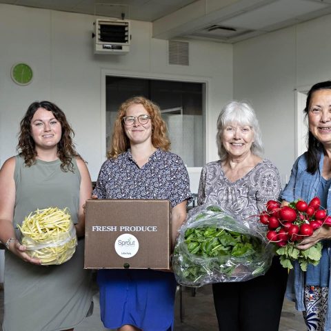 four women smile and holds presproduce and a box with a Sprout logo