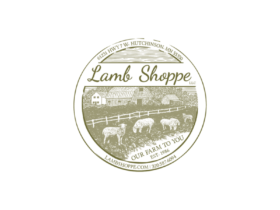 lamb shoppe logo with sheep in the foreground grazing and a barn and picket fence in the background