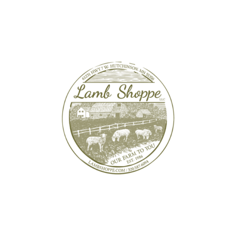 lamb shoppe logo with sheep in the foreground grazing and a barn and picket fence in the background