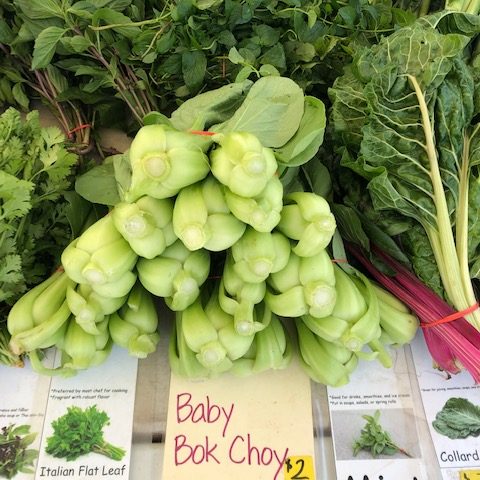 Table featuring baby bok choy and mixed herbs and greens