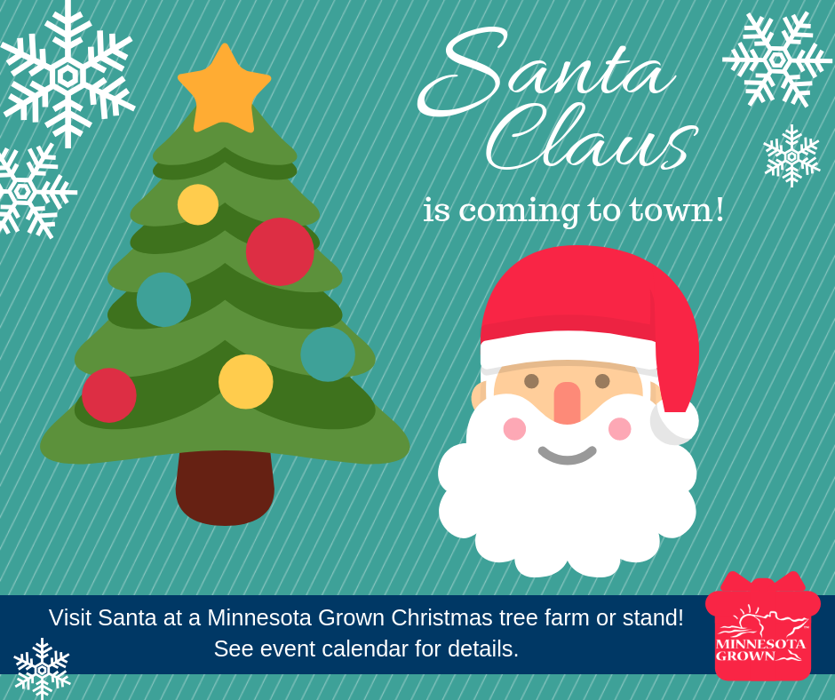 Santa claus is coming to town! check the Minnesota Grown events page for local Christmas tree farms and stands with this special visitor