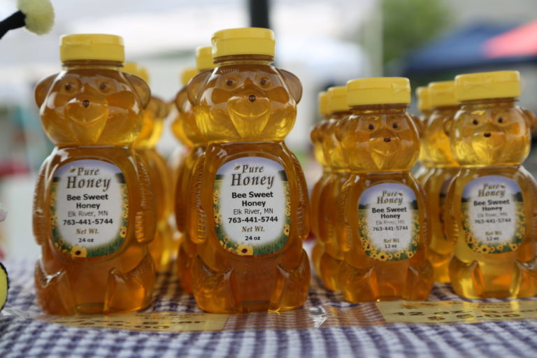 plastic honey bear of honey with label on a checkered table cloth