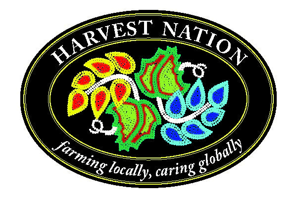 Harvest Nation logo. Black with plant leaves intertwined and the phrase farming locally, caring globally