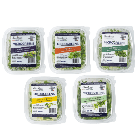 5 plastic containers labeled "Microgreens" and branded "The Greensted".